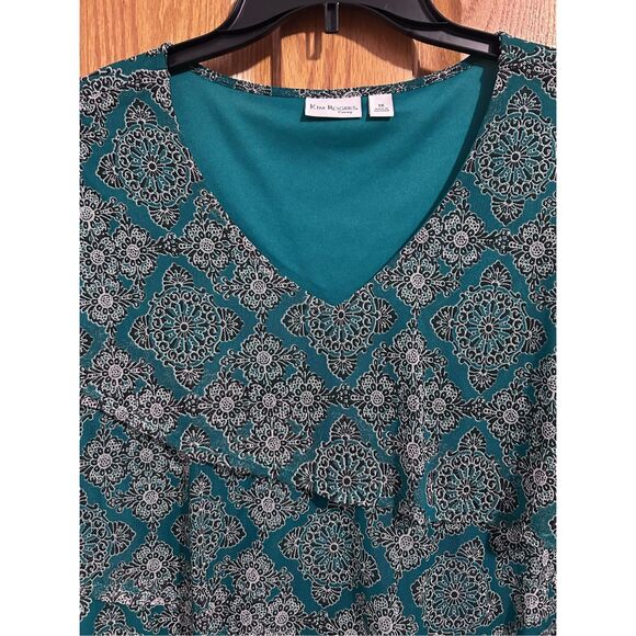 Kim Rogers Curvy Size 1X Teal Tiered Sheer Ruffles & Sleeves Lined V-Neck Blouse - Picture 2 of 11